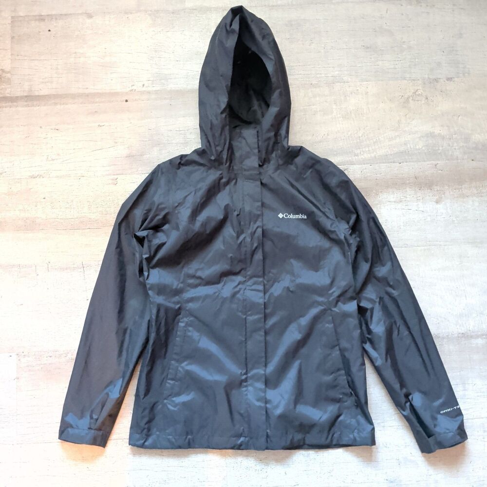 Columbia Omni-Tech Rain Jacket Womens Small Black Hooded Waterproof Shell